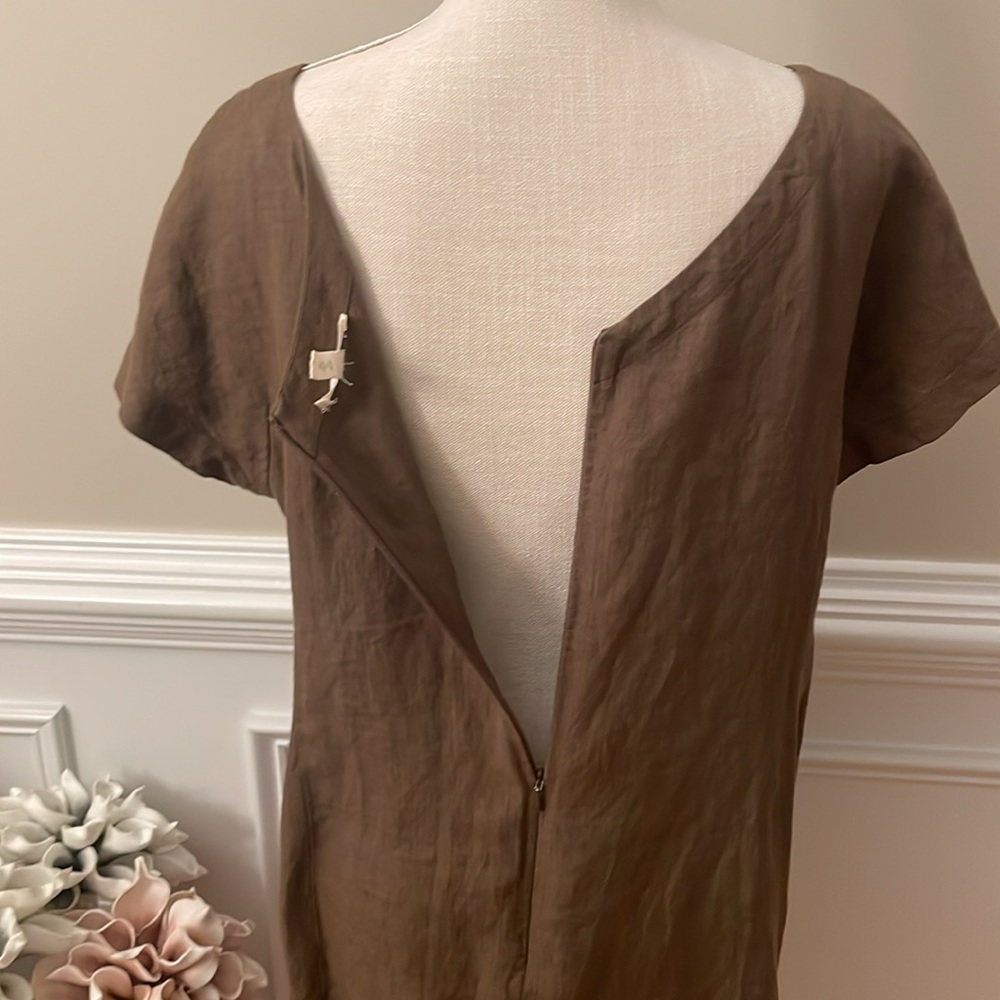 Eileen Fisher Brown Linen Ballet Neck Front Pocket Shift Dress Size Medium - Picture 8 of 10